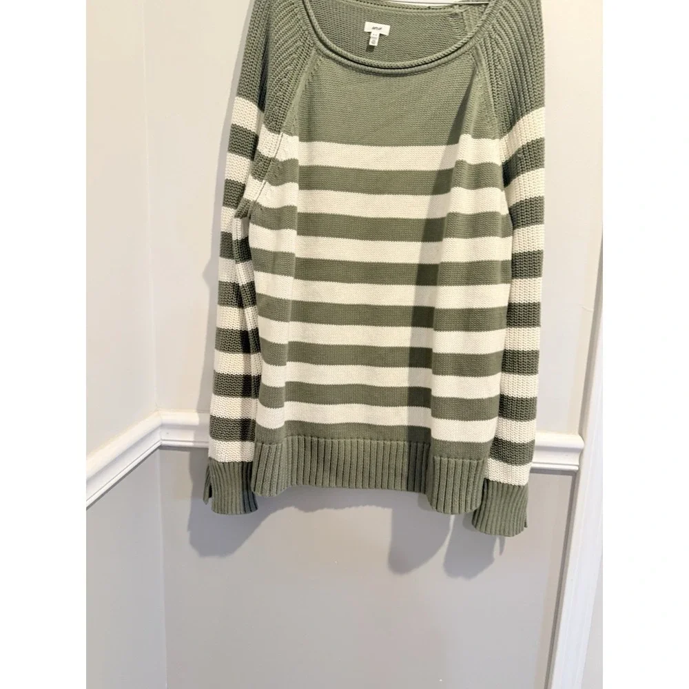 Aerie Bistro Striped Knit Sweater Women's Medium Oversize Olive Rolled Neckline‎